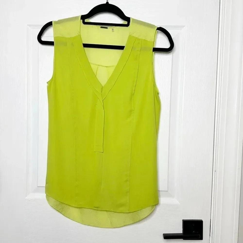 ELIE TAHARI 100% Silk Sleeveless Neon Yellow V-Neck Blouse‎ Size XS